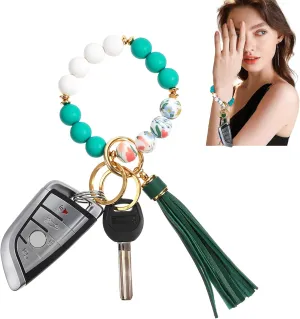 1 Pcs Silicone Bead Keychain Bracelet Car Keychain Holder Wristlet Bangle Chains with Leather Tassel for Women