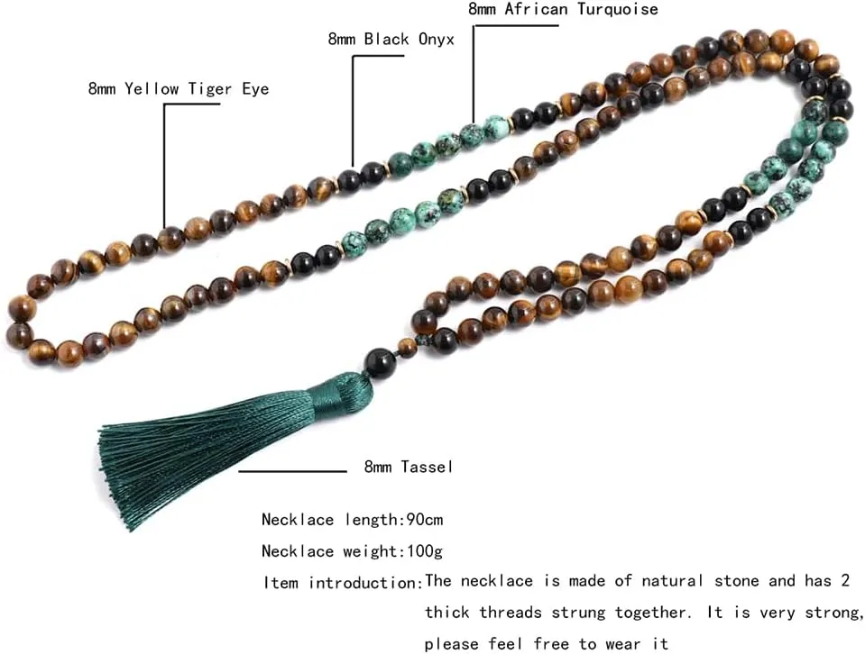 108 Mala Prayer Beads Necklace 8mm Natural Stones Meditation Yoga Jewelry Sets 108 Hand Made Japa Mala Beaded Long Tassel Necklace with Tassel Pendant for Men and Women