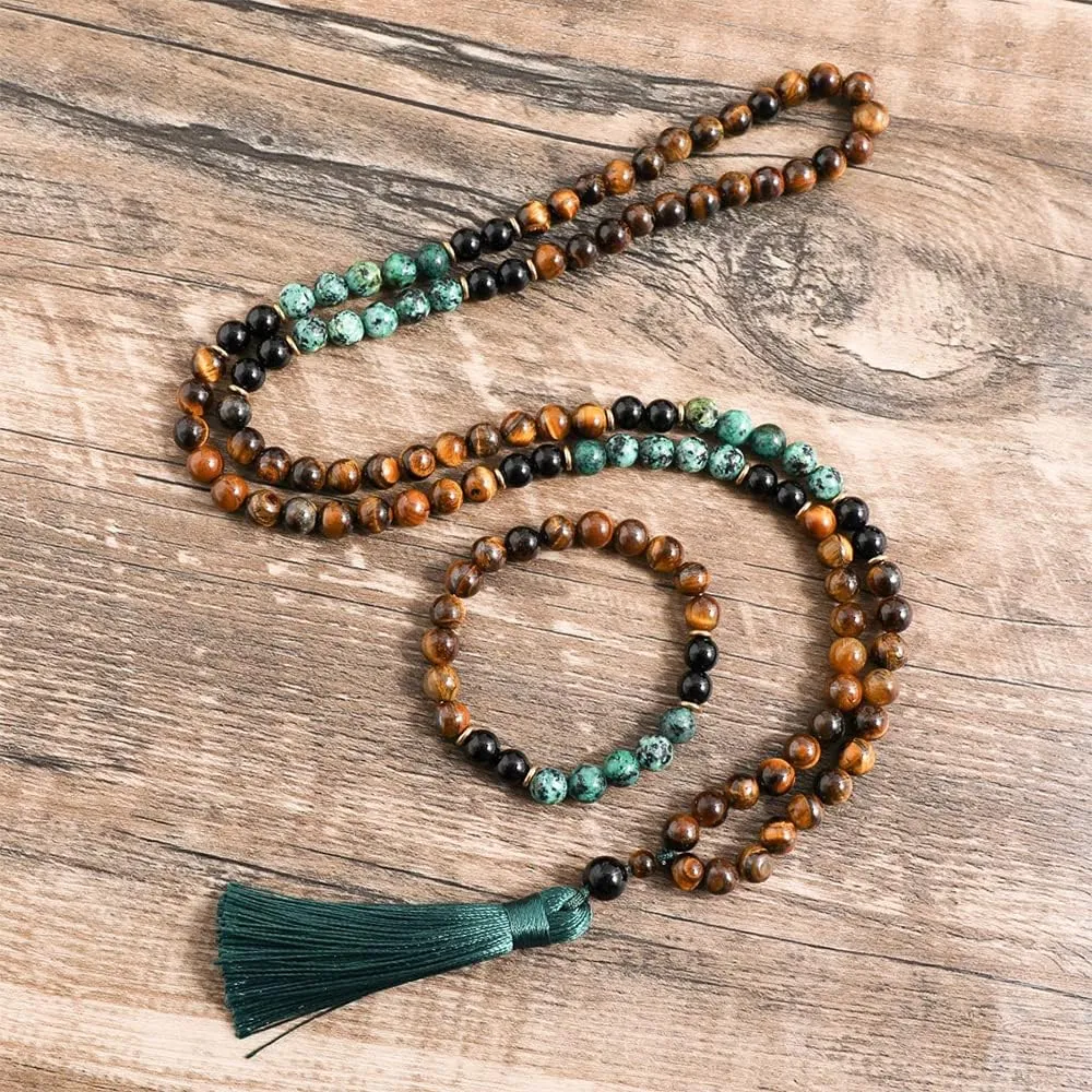 108 Mala Prayer Beads Necklace 8mm Natural Stones Meditation Yoga Jewelry Sets 108 Hand Made Japa Mala Beaded Long Tassel Necklace with Tassel Pendant for Men and Women