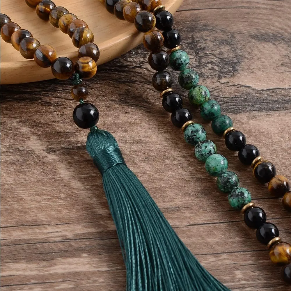 108 Mala Prayer Beads Necklace 8mm Natural Stones Meditation Yoga Jewelry Sets 108 Hand Made Japa Mala Beaded Long Tassel Necklace with Tassel Pendant for Men and Women