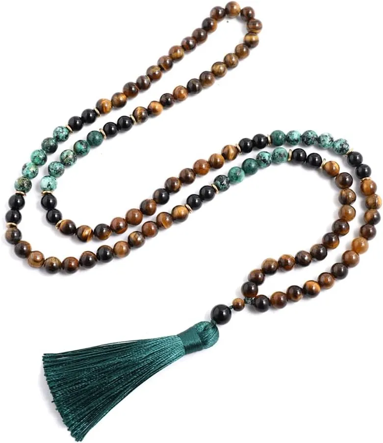 108 Mala Prayer Beads Necklace 8mm Natural Stones Meditation Yoga Jewelry Sets 108 Hand Made Japa Mala Beaded Long Tassel Necklace with Tassel Pendant for Men and Women