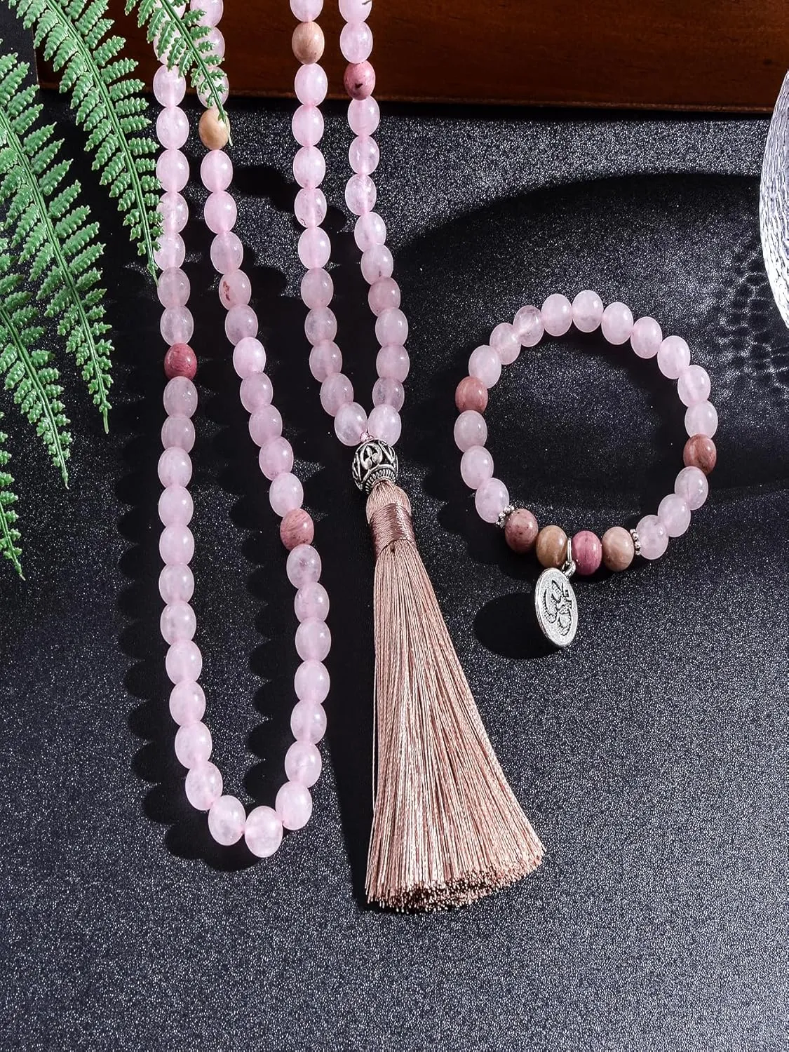 108 Mala Prayer Beads Necklace 8mm Natural Stones Meditation Yoga Jewelry Sets 108 Hand Made Japa Mala Beaded Long Tassel Necklace with Tassel Pendant for Men and Women