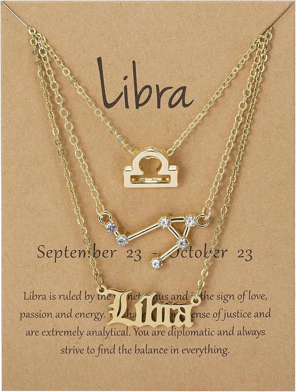 12 Constellation Horoscope Necklaces Crystal Zodiac Sign Layered Necklace with Exquisite Letter Astrology Horoscope Card