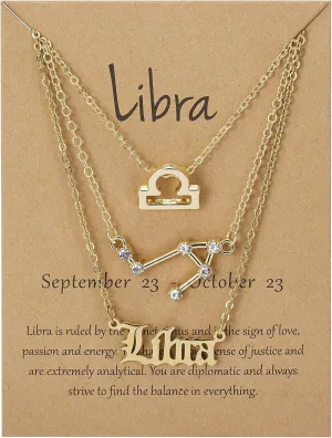 12 Constellation Horoscope Necklaces Crystal Zodiac Sign Layered Necklace with Exquisite Letter Astrology Horoscope Card
