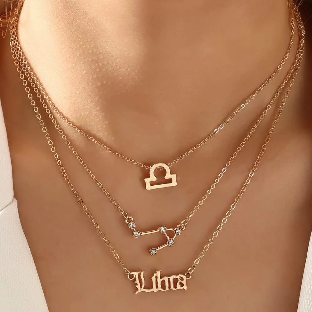 12 Constellation Horoscope Necklaces Crystal Zodiac Sign Layered Necklace with Exquisite Letter Astrology Horoscope Card