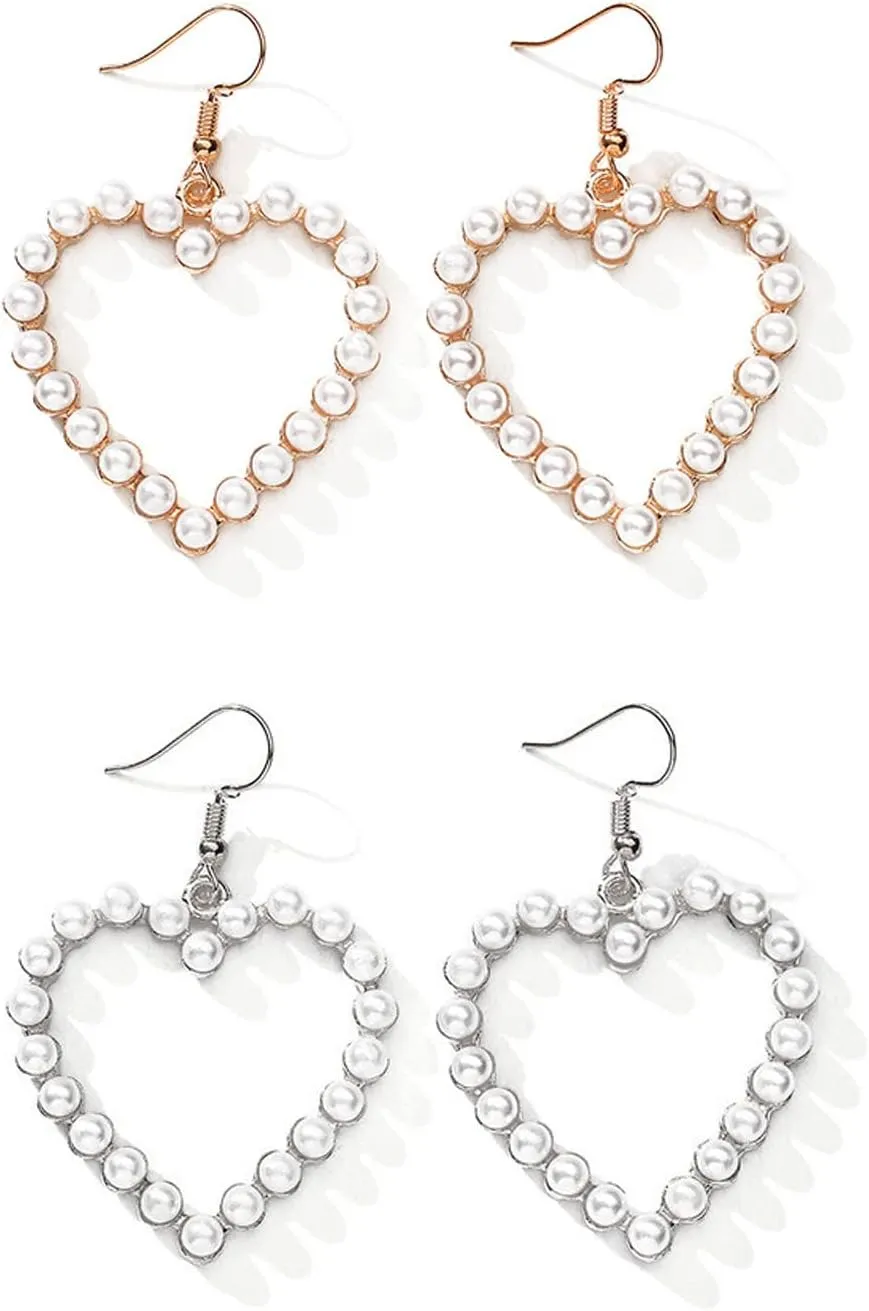1/2 Pairs Set Pearl Heart Drop Dangle Earrings for Women Elegant Imitation Pearl Love Heart Beaded Loop Earrings Party Wedding Jewelry Gift Dainty Cutie