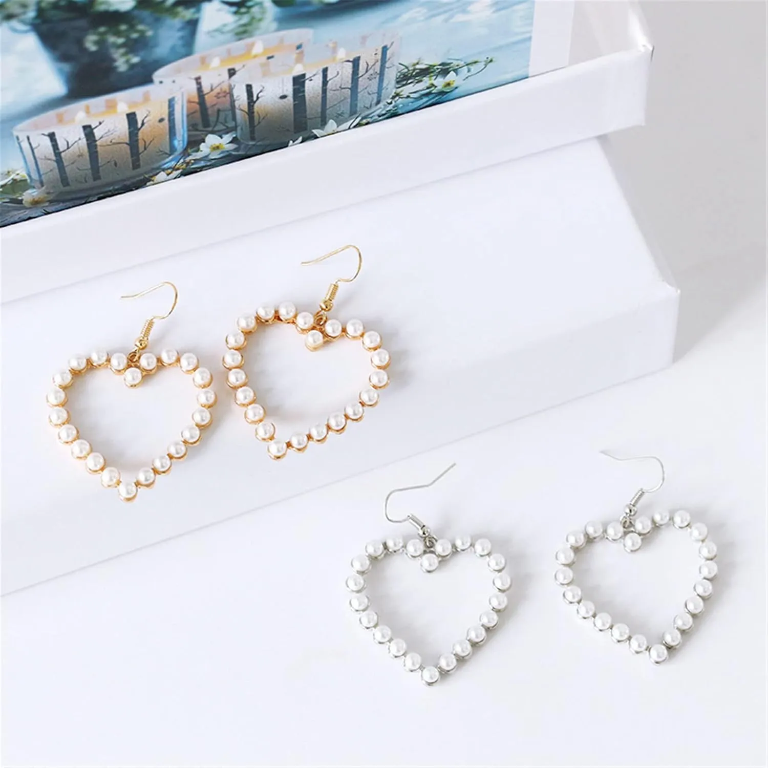 1/2 Pairs Set Pearl Heart Drop Dangle Earrings for Women Elegant Imitation Pearl Love Heart Beaded Loop Earrings Party Wedding Jewelry Gift Dainty Cutie