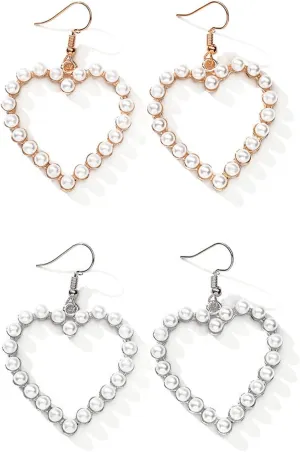 1/2 Pairs Set Pearl Heart Drop Dangle Earrings for Women Elegant Imitation Pearl Love Heart Beaded Loop Earrings Party Wedding Jewelry Gift Dainty Cutie