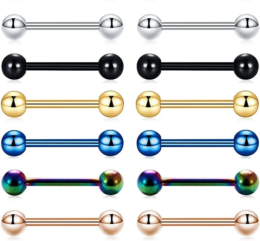 12 Pcs 14G Multicolor Stainless Steel Straight Barbell Tongue Rings Bars Piercing 5/8" Length Hypoallergenic