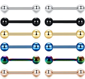 12 Pcs 14G Multicolor Stainless Steel Straight Barbell Tongue Rings Bars Piercing 5/8" Length Hypoallergenic