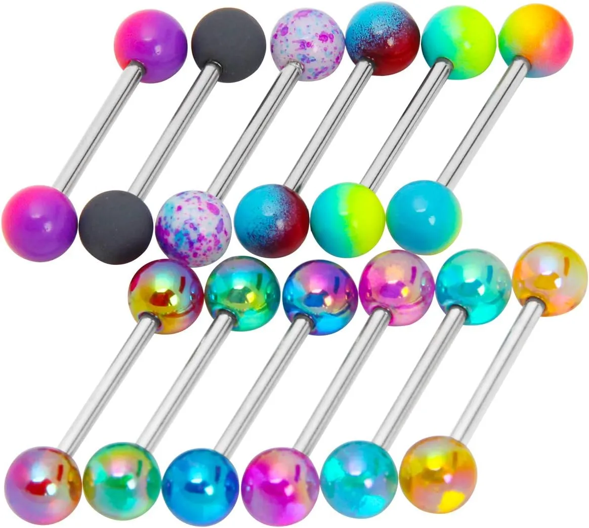 12pcs Colorful Ball Tongue Rings, Stainless Steel Barbell Tongue Ring Retainer or Nipple Ring 14G Bar Length 16mm