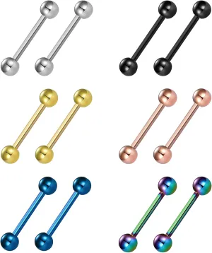 12Pcs Different Color Tongue Rings Surgical Stainless Steel Tongue Piercing 14G 16mm Length Straight Barbell Piercing Jewelry