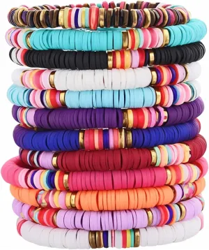 12pcs Friendship Beaded Bracelets Set, Heishi Vinyl Clay Disc Bead Surfer Stretch Summer Beach Jewelry for Women
