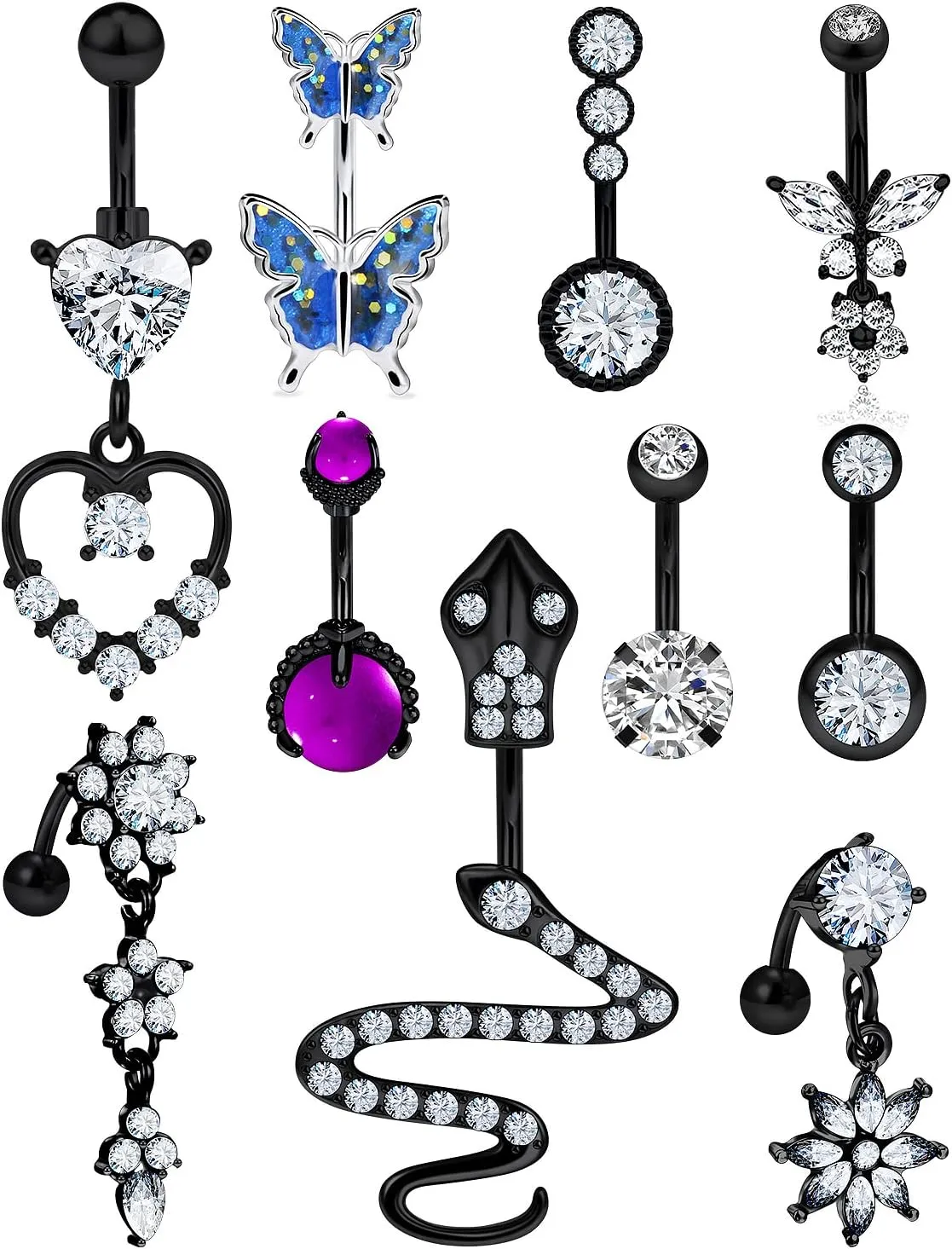 14G Belly Button Ring Stainless steel Dangle Belly rings Snake Glow Dark Round Cubic Zirconia Navel Barbell Body Piercing Jewelry For Women 3/8inch 10mm silver,rose,purple,black men belly ring