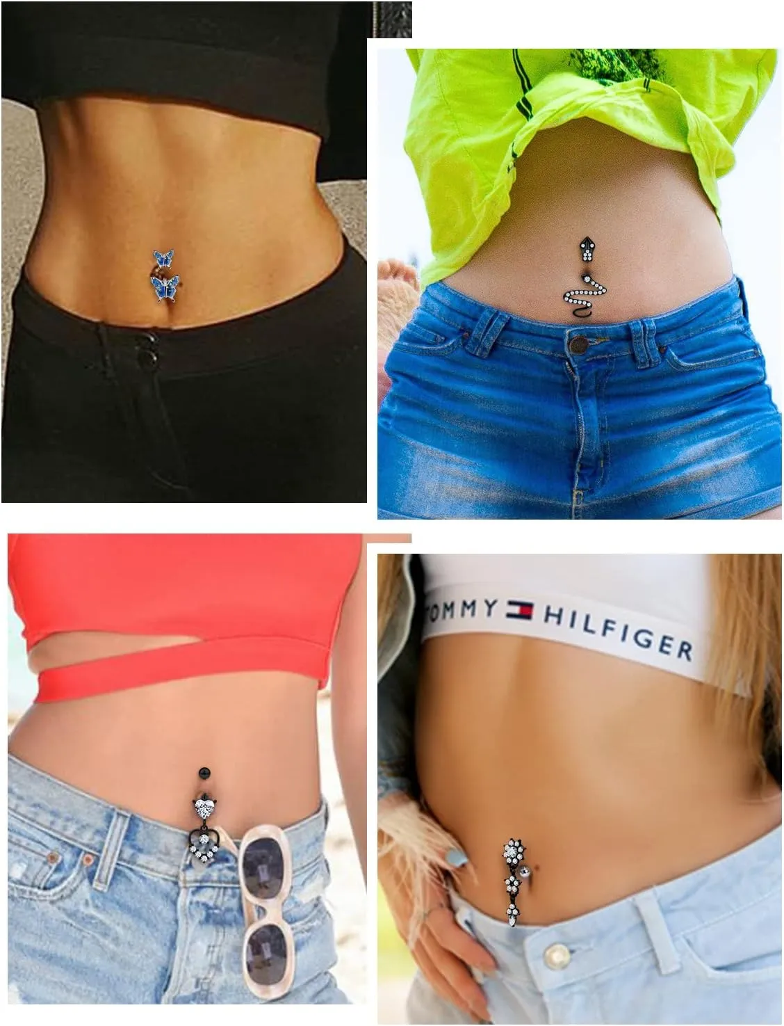 14G Belly Button Ring Stainless steel Dangle Belly rings Snake Glow Dark Round Cubic Zirconia Navel Barbell Body Piercing Jewelry For Women 3/8inch 10mm silver,rose,purple,black men belly ring
