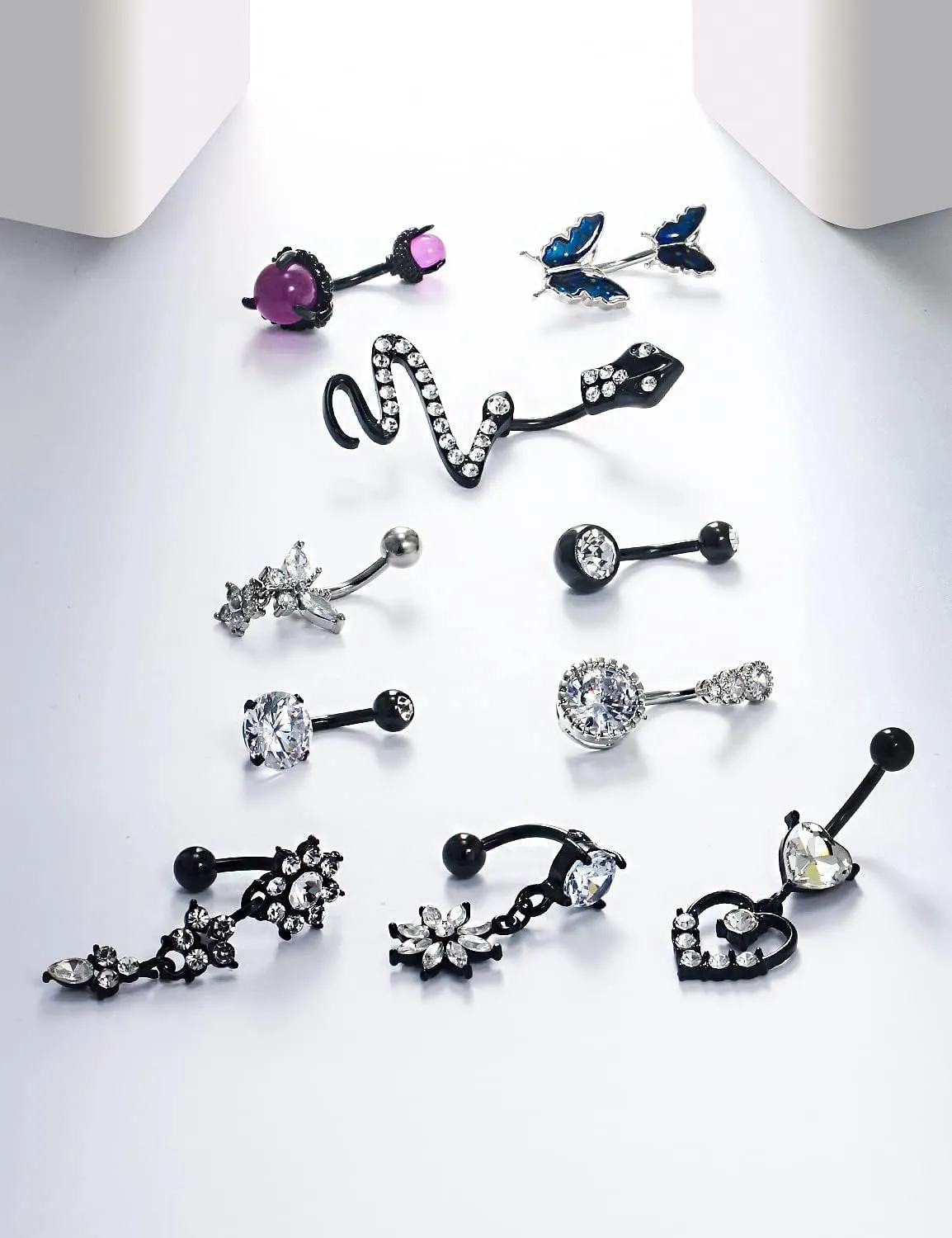 14G Belly Button Ring Stainless steel Dangle Belly rings Snake Glow Dark Round Cubic Zirconia Navel Barbell Body Piercing Jewelry For Women 3/8inch 10mm silver,rose,purple,black men belly ring