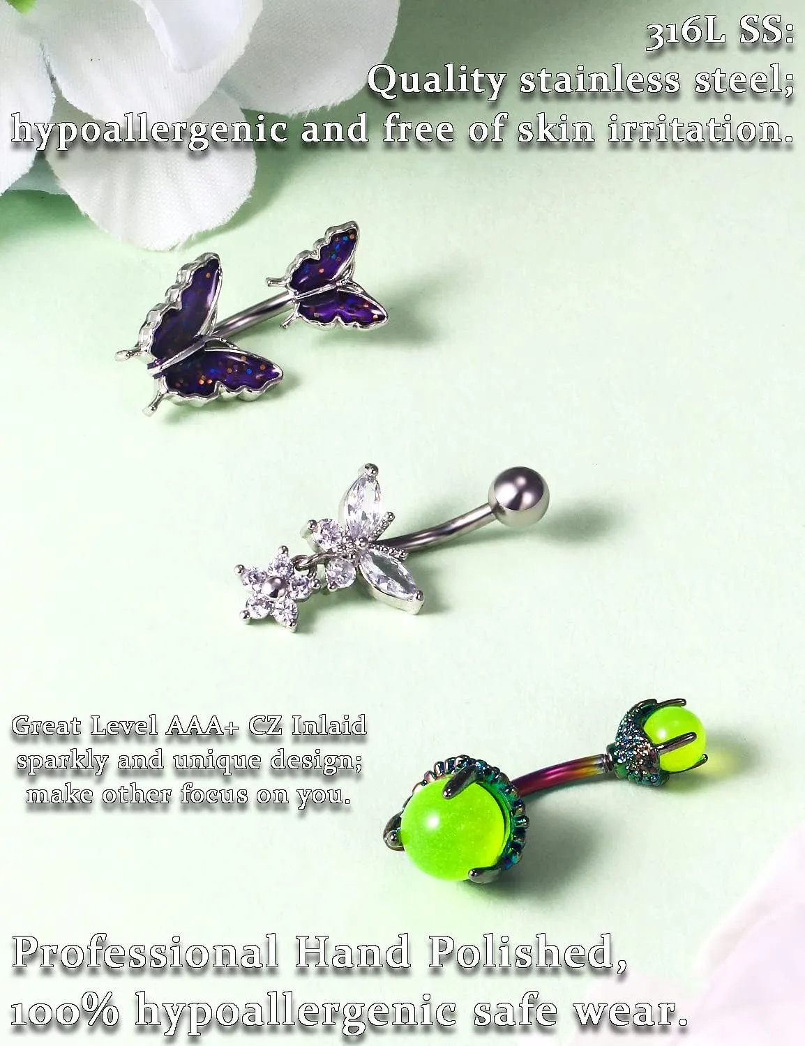 14G Belly Button Ring Stainless steel Dangle Belly rings Snake Glow Dark Round Cubic Zirconia Navel Barbell Body Piercing Jewelry For Women 3/8inch 10mm silver,rose,purple,black men belly ring