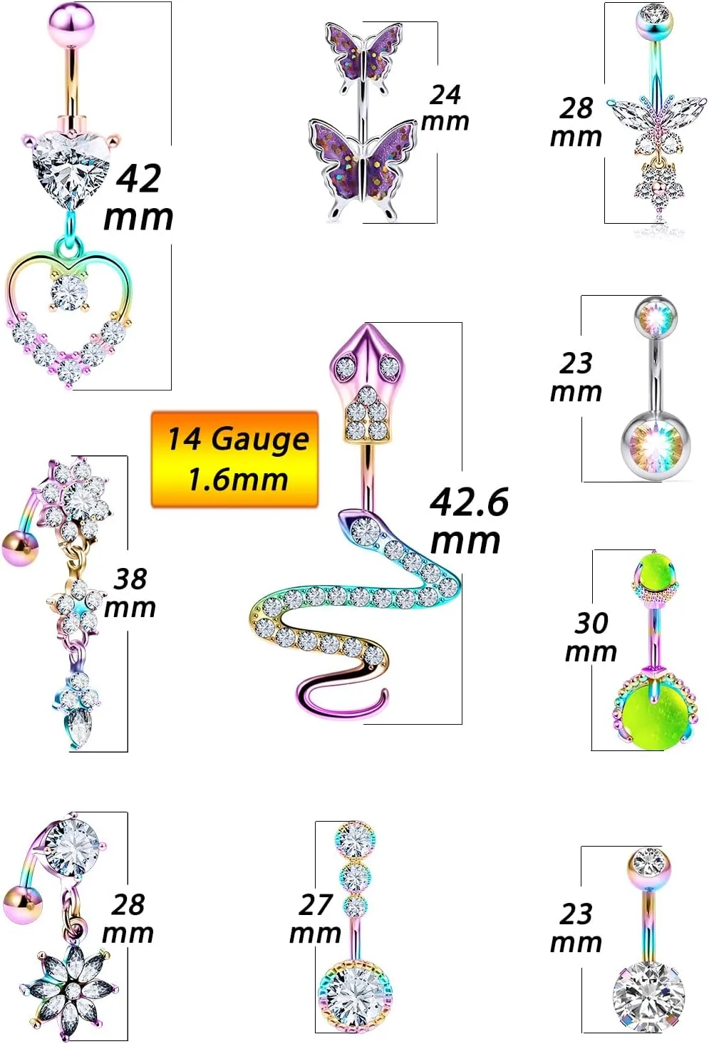 14G Belly Button Ring Stainless steel Dangle Belly rings Snake Glow Dark Round Cubic Zirconia Navel Barbell Body Piercing Jewelry For Women 3/8inch 10mm silver,rose,purple,black men belly ring