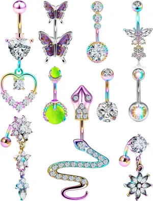 14G Belly Button Ring Stainless steel Dangle Belly rings Snake Glow Dark Round Cubic Zirconia Navel Barbell Body Piercing Jewelry For Women 3/8inch 10mm silver,rose,purple,black men belly ring
