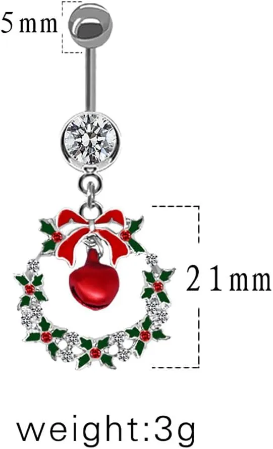 14G Christmas Colorful Jingle Bell Belly Button Ring for Women Stainless Steel Bowknot Star Wreath Dangle Belly Navel Barbell Rings Christmas Body Piercing Jewelry Festival Gifts