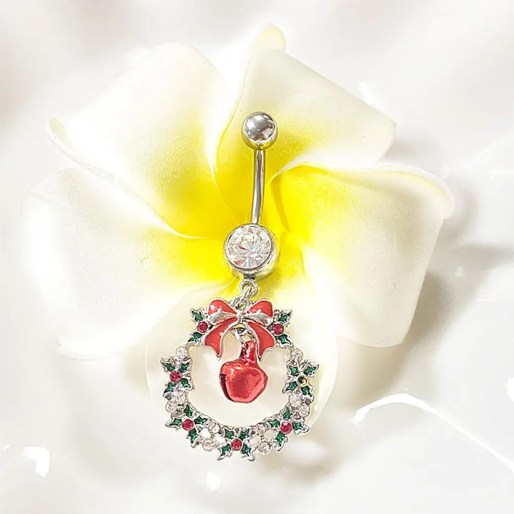 14G Christmas Colorful Jingle Bell Belly Button Ring for Women Stainless Steel Bowknot Star Wreath Dangle Belly Navel Barbell Rings Christmas Body Piercing Jewelry Festival Gifts