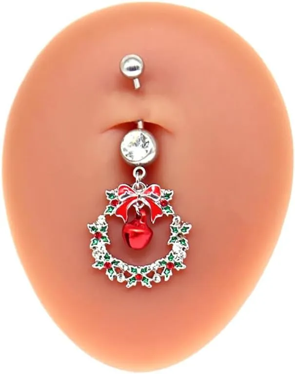 14G Christmas Colorful Jingle Bell Belly Button Ring for Women Stainless Steel Bowknot Star Wreath Dangle Belly Navel Barbell Rings Christmas Body Piercing Jewelry Festival Gifts