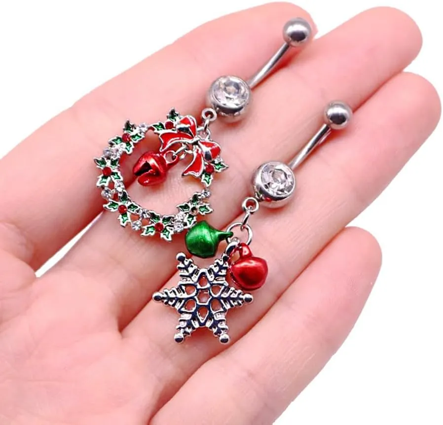 14G Christmas Colorful Jingle Bell Belly Button Ring for Women Stainless Steel Bowknot Star Wreath Dangle Belly Navel Barbell Rings Christmas Body Piercing Jewelry Festival Gifts