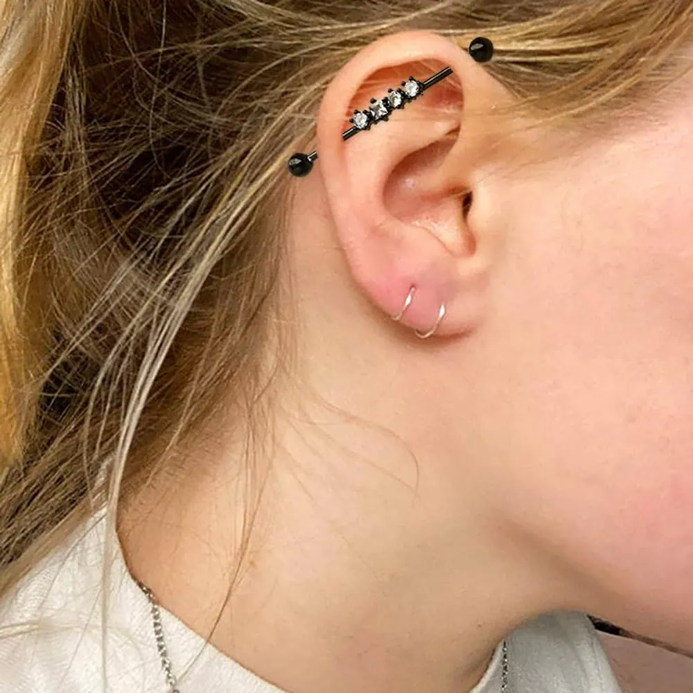 14G Clear CZ Stainless Steel Industrial Barbell Earrings for Women Men 38mm Long Industrial Bar Cartilage Conch Helix Barbell Earrings Body Piercing Jewelry