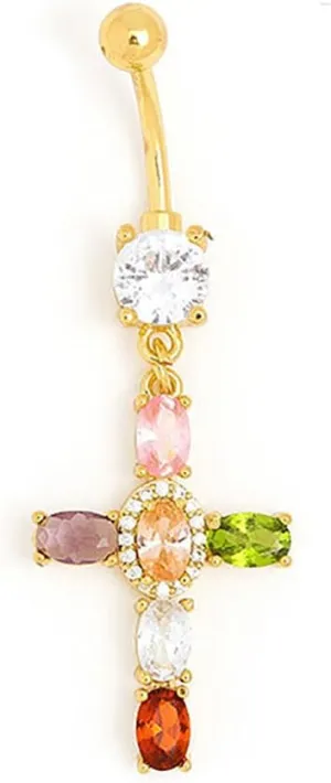 14G Colorful Cross Belly Button Rings Stainless Steel 18K Gold Plated Cubic Zirconia Dangle Belly Navel Barbell Sparkling Belly Piercing Jewelry for Women