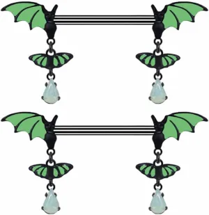 14G Green Bat Dangle Nipple Rings for Women 316L Stainless Steel Glow-In-The-Dark Nipplerings Nipple Studs Barbell Halloween Statement Nipple Piercing Jewelry