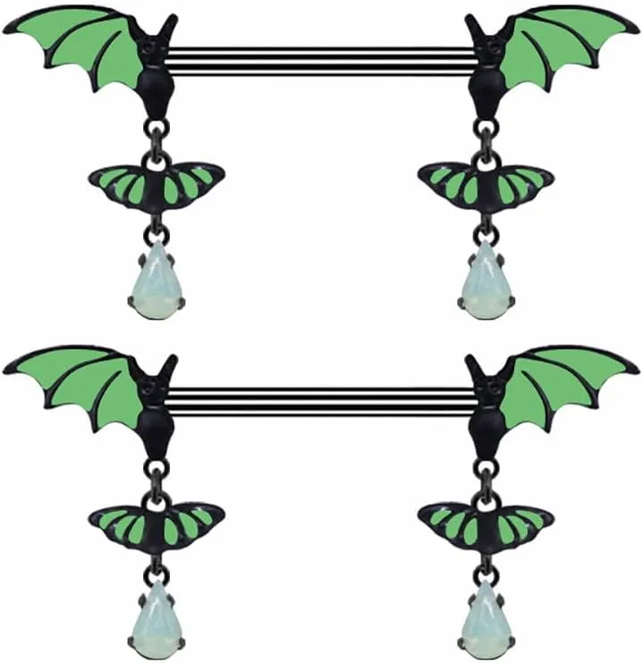 14G Green Bat Dangle Nipple Rings for Women 316L Stainless Steel Glow-In-The-Dark Nipplerings Nipple Studs Barbell Halloween Statement Nipple Piercing Jewelry