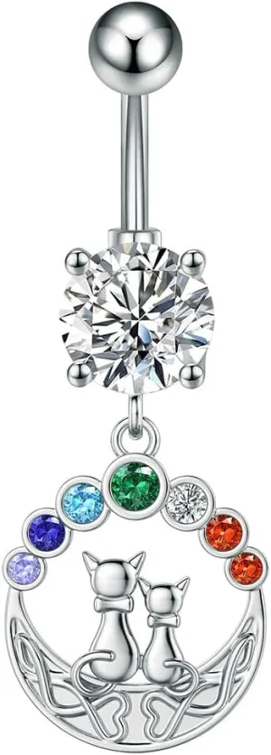 14G Surgical Steel Belly Button Rings for Women Colorful CZ Crystal Cat Dangle Belly Navel Rings Belly Barbell Dangling Belly Piercing Jewelry