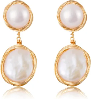 14K Gold Freshwater Cultured Handmade Pearl Dangle Drop Earring for Women Wedding Bridal BridesmaidProm Jewelry Gift