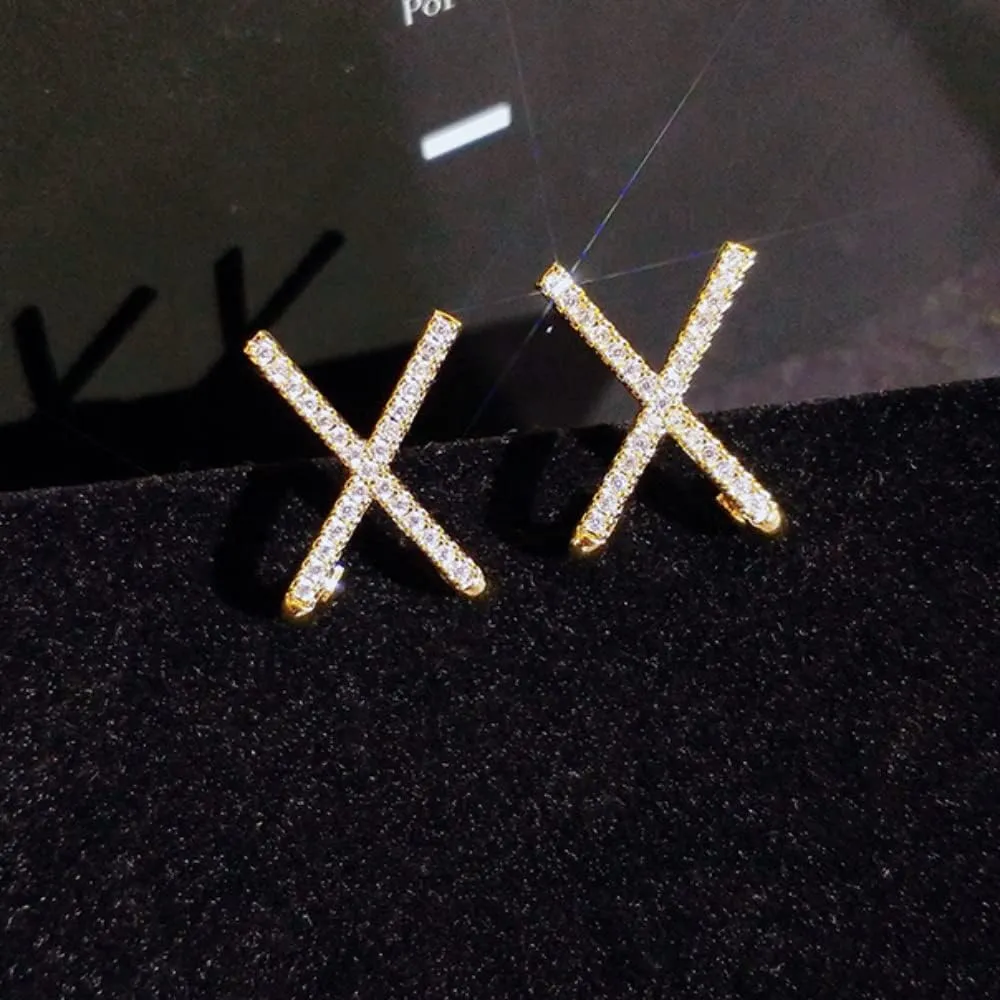 14K Gold Plated CZ Simulated Diamond X Stud Earrings Exquisite White Cubic Zirconia Criss Cross Cuff Alphabet Letter Earrings