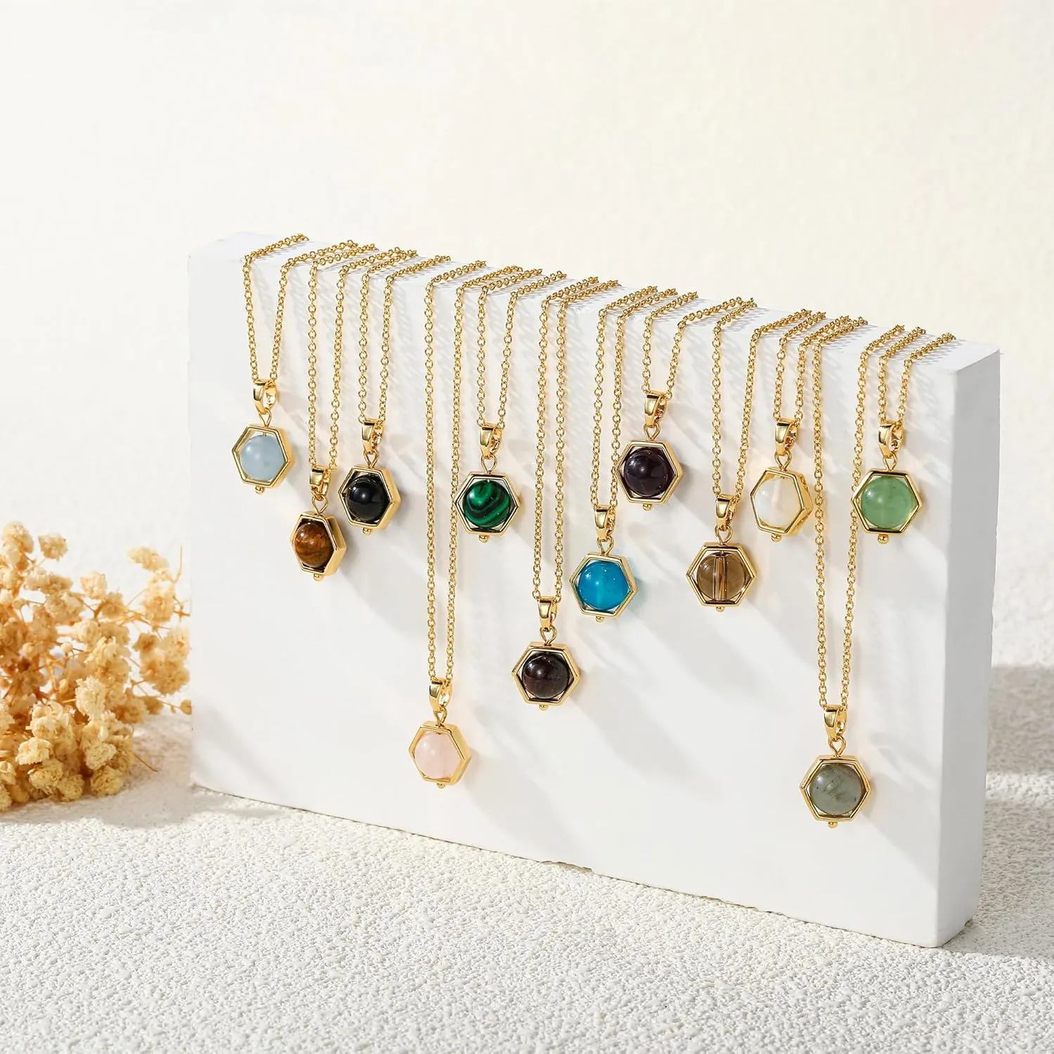 14K Gold Plated Gemstone Pendant Necklace Crystal Birthstone Necklaces Dainty Natural Stone Green Pink Rose Quartz Pendants Jewelry Birthday Gifts for Mother