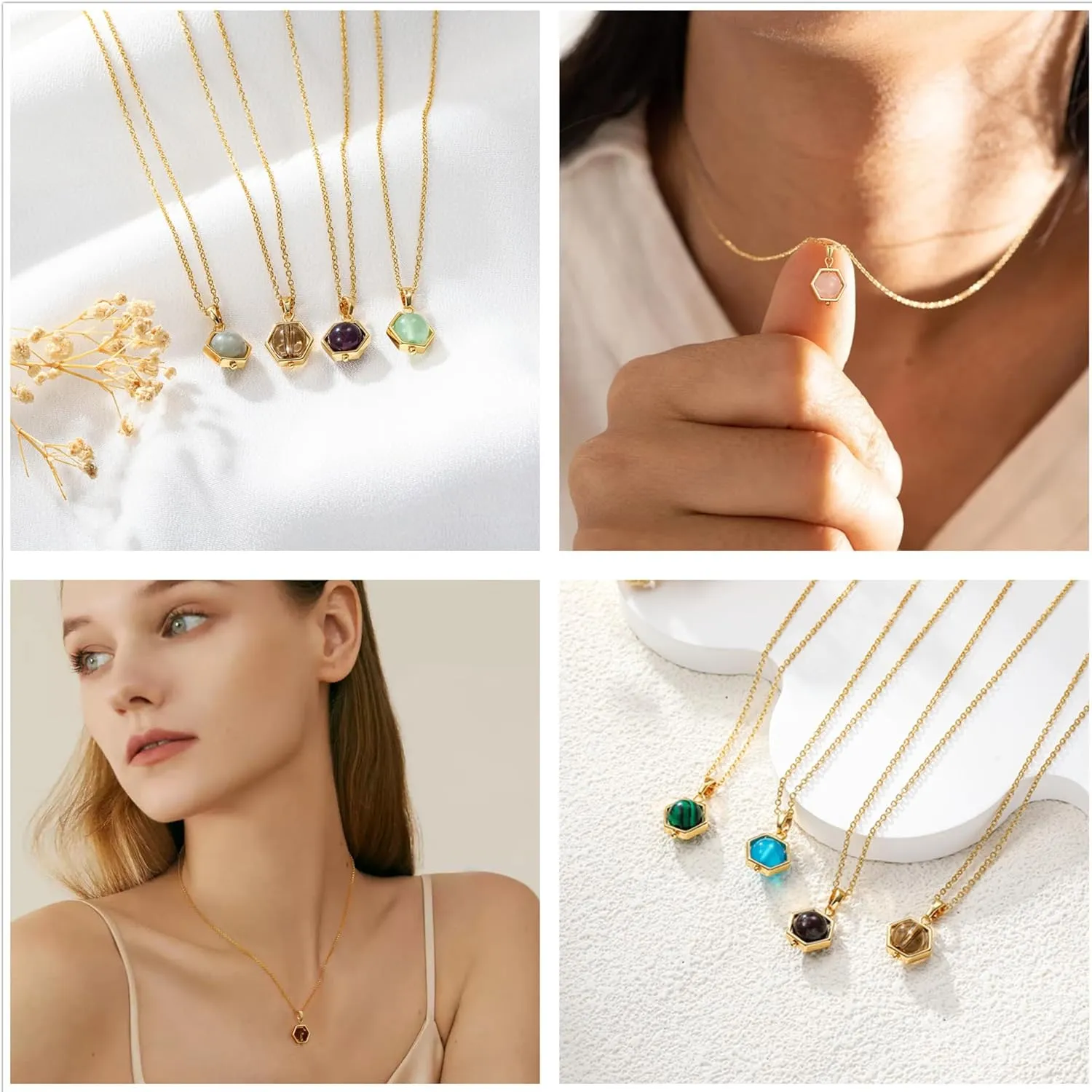14K Gold Plated Gemstone Pendant Necklace Crystal Birthstone Necklaces Dainty Natural Stone Green Pink Rose Quartz Pendants Jewelry Birthday Gifts for Mother