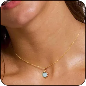 14K Gold Plated Gemstone Pendant Necklace Crystal Birthstone Necklaces Dainty Natural Stone Green Pink Rose Quartz Pendants Jewelry Birthday Gifts for Mother