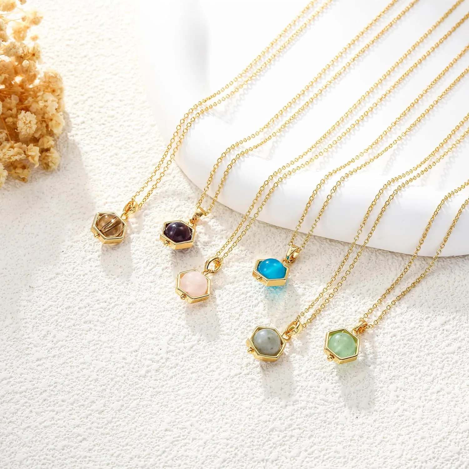 14K Gold Plated Gemstone Pendant Necklace Crystal Birthstone Necklaces Dainty Natural Stone Green Pink Rose Quartz Pendants Jewelry Birthday Gifts for Mother