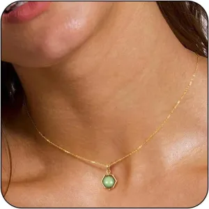 14K Gold Plated Gemstone Pendant Necklace Crystal Birthstone Necklaces Dainty Natural Stone Green Pink Rose Quartz Pendants Jewelry Birthday Gifts for Mother