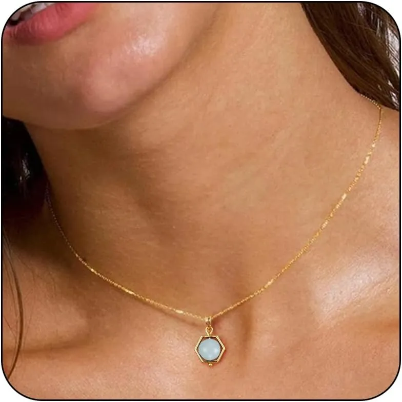 14K Gold Plated Gemstone Pendant Necklace Crystal Birthstone Necklaces Dainty Natural Stone Green Pink Rose Quartz Pendants Jewelry Birthday Gifts for Mother