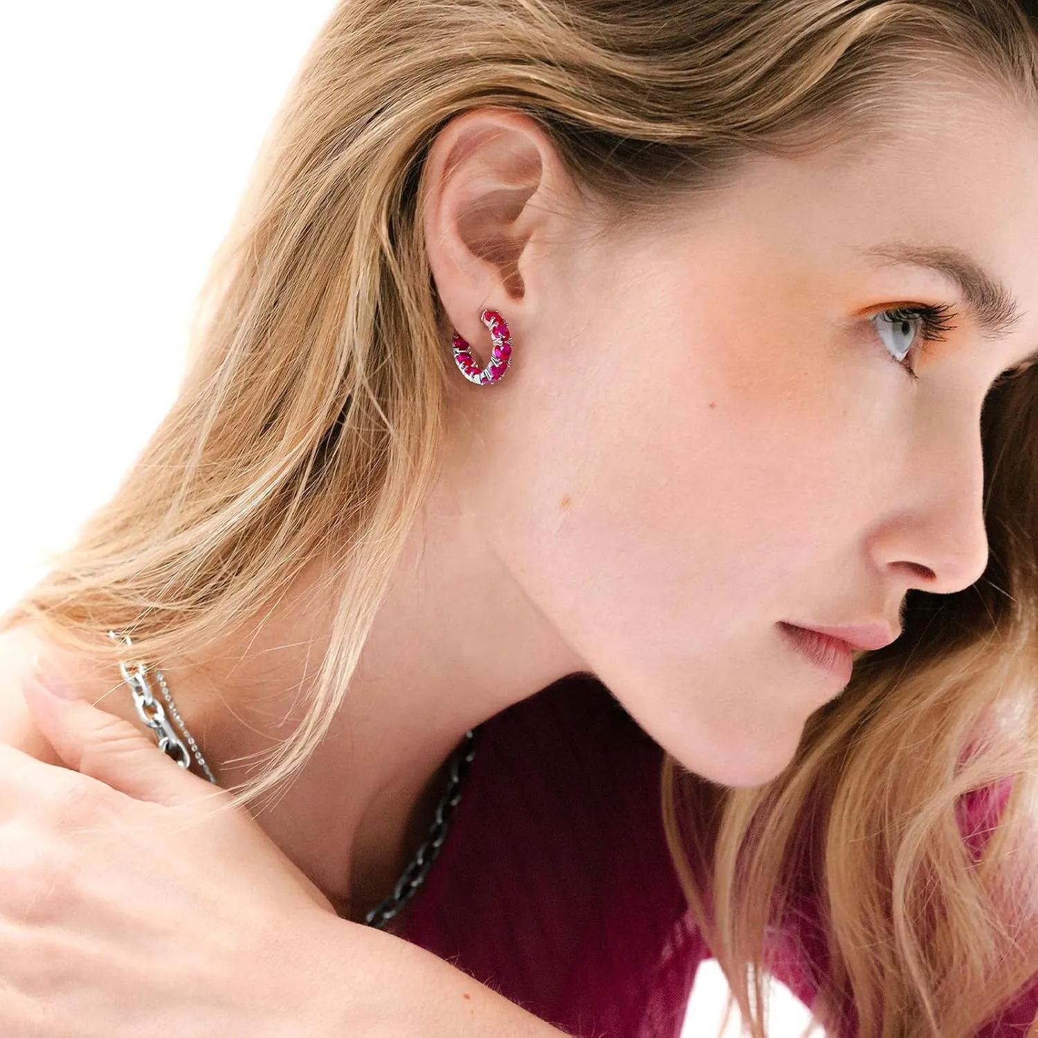 14K Gold Plated Hoop Earrings for Women,Silver Huggie Earrings for Women Cubic Zirconia Small Earring CZ Inside-Outside Hoop Earrings Clear,Hot Pink,Black,Red,Green,Multicolored Earrings