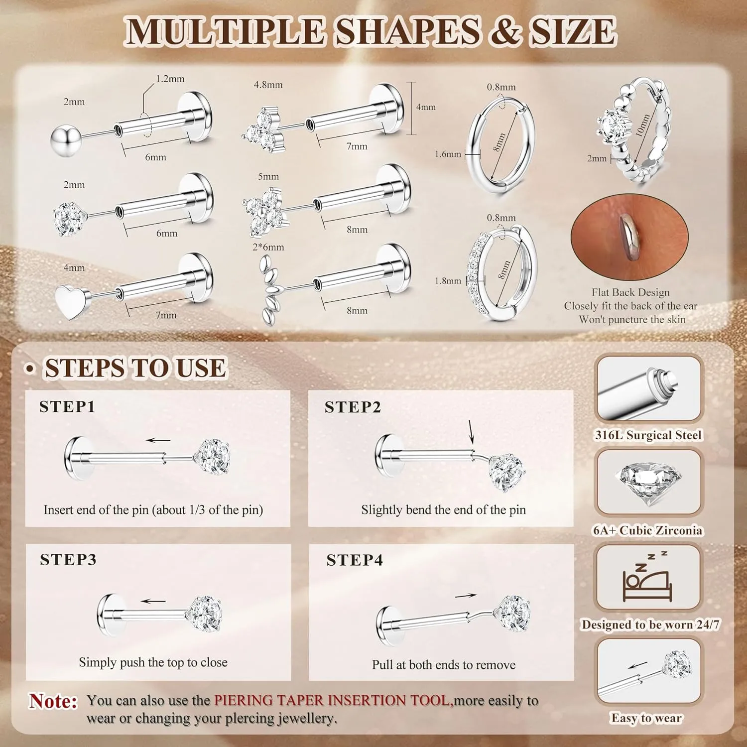 14K Gold Plated Threadless Flat Back Earrings 16G 18G Cartilage Earring Set Stainless Steel Helix Earrings for Women Flatback Stud 9Pcs Hoop Cartilage Earring Set for Multiple Piercing