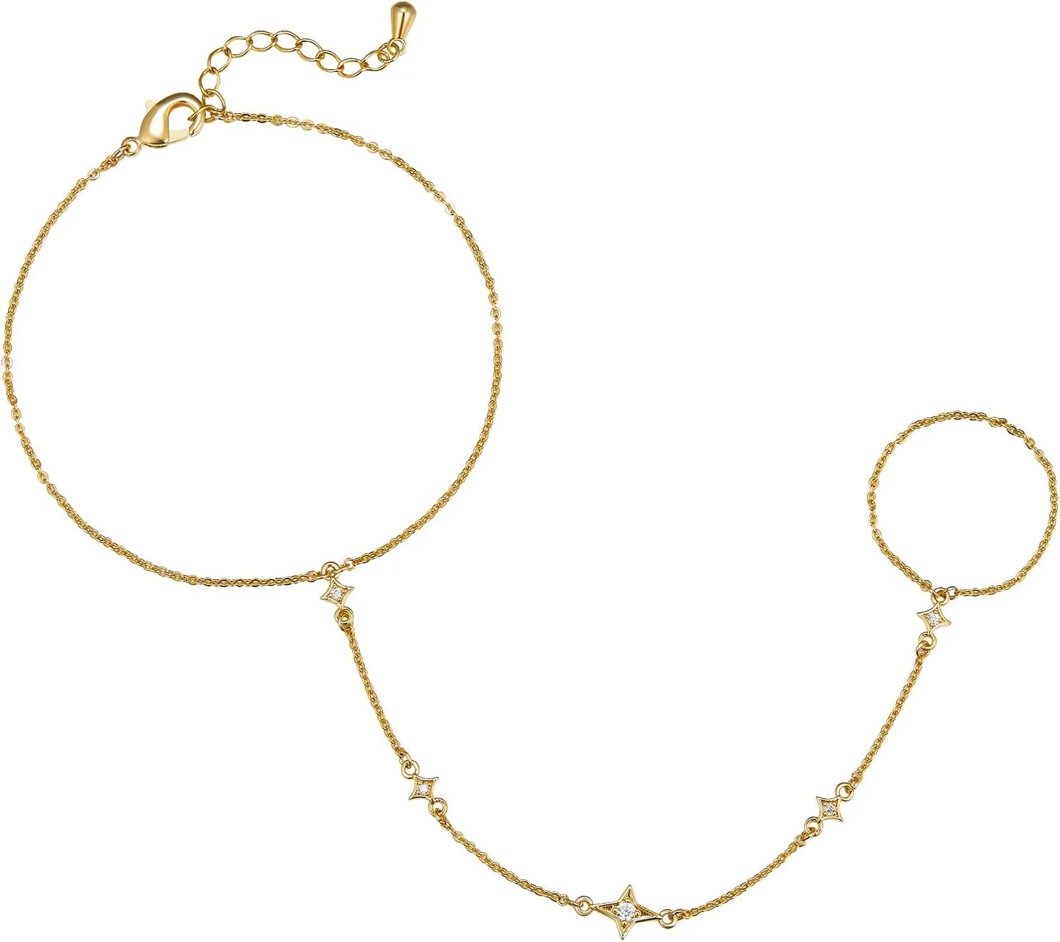 14K Gold/White Gold Plated Hand Chains Bracelet for Women | Dainty Cubic Zirconia Bracelet and Ring Chain Body Jewelry | Star, Princess Cut Styles Adjustable Chain