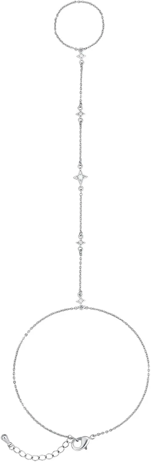 14K Gold/White Gold Plated Hand Chains Bracelet for Women | Dainty Cubic Zirconia Bracelet and Ring Chain Body Jewelry | Station, Princess Cut, Five CZ, Star Styles