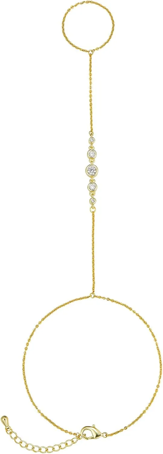 14K Gold/White Gold Plated Hand Chains Bracelet for Women | Dainty Cubic Zirconia Bracelet and Ring Chain Body Jewelry | Station, Princess Cut, Five CZ, Star Styles