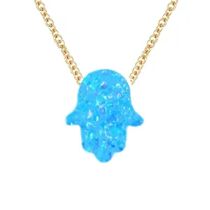 14k or 18k Gold Blue Opal Hamsa Hand Charm Necklace | Dark, Light Blue, Pink, White Opal Fatima Hand Pendant | Women, Girls, Kids Valentines Bridesmaids Best Friends Gift
