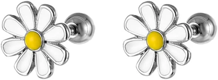 18G Cute Daisy Flower Cartilage Small Stud Earrings for Women Dainty 316L Stainless Steel Silver Plated White Yellow Enamel Sun Flower Sleeper Tragus Studs Screw Back Fashion Jewelry Gifts Hypoallergenic Daughter Xmas