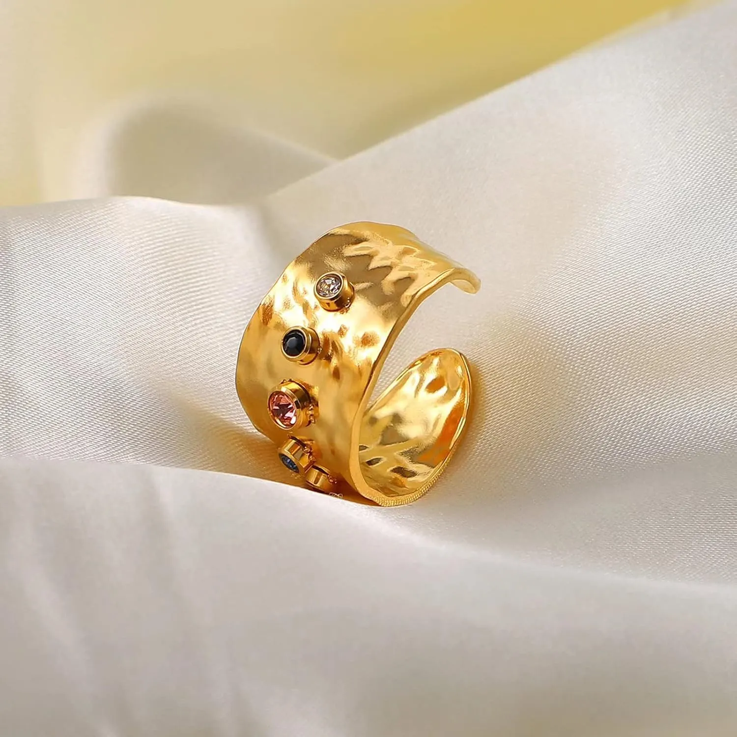 18K Gold Plated Wide Rings,Zirconia Stainless Steel Adjustable Rings for Women,Fashion Jewelry for Women