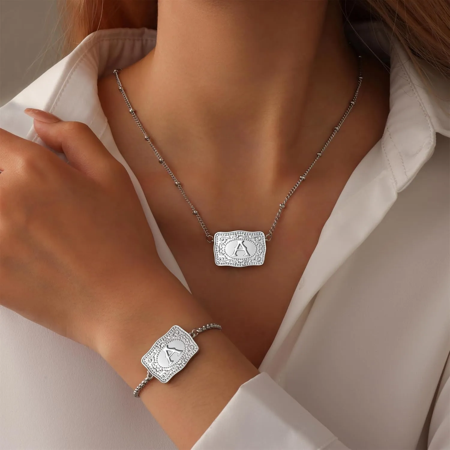 2 Pcs Belt Buckle Initial Necklace Bracelet Jewelry Set for Women, 18K Gold/Silver Plated Belt Buckle Initial A-Z Necklace Bracelet Set Unique Western Style Jewelry Gifts