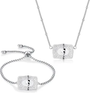 2 Pcs Belt Buckle Initial Necklace Bracelet Jewelry Set for Women, 18K Gold/Silver Plated Belt Buckle Initial A-Z Necklace Bracelet Set Unique Western Style Jewelry Gifts